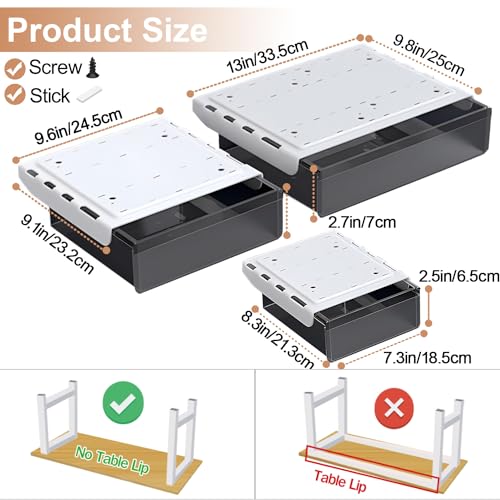 Under Desk Table Drawer Storage Organizer,3 Pack Large & Medium & Small Slide Out Desk Drawers - Hidden Desktop Organizer,Attachable Pencil Storage Tray Under Table(SML)