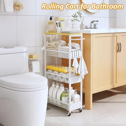 7.1" Wide Slim Storage Cart on Wheels, 4 Tier Metal Narrow Rolling Cart with Handle and Wood Top, Multifunctional Small Mobile Shelf Unit Organizer Trolley for Laundry, Bathroom, Kitchen