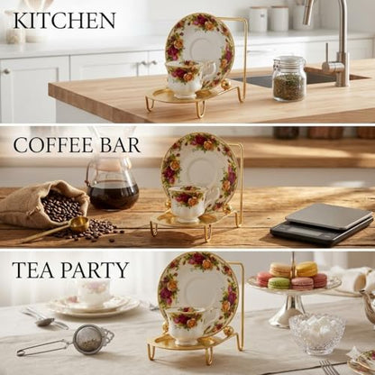 HOHIYA Gold Tea Cup and Saucer Display Stand 6 Cup Holder Rack | Elegant gold tabletop stand displays china cups, saucers, mugs and plates for tea parties, kitchens and coffee bars.