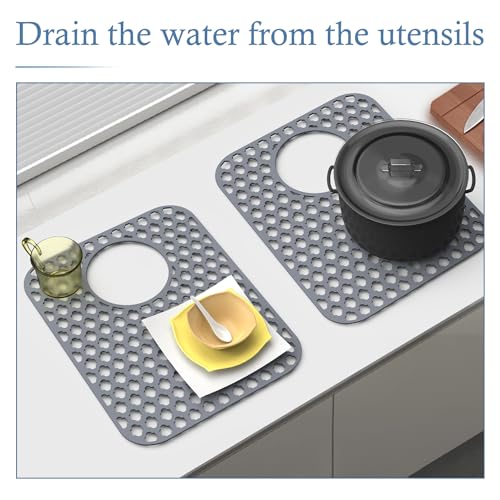 2 Pack Silicone Sink Protector Mat for Kitchen Sink Rear Drian Gray | 13-9/16" x 11-5/8" Non-Slip Heat-resistant and Durable Silicone Grid