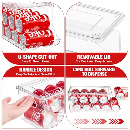 SCAVATA 2 Pack Stackable Refrigerator Organizer, Soda Can Dispenser Pop Cans Container Beverage Holder with Lid for Fridge, Freezer, Kitchen, Clear Plastic Storage Bins-Holds 10 Cans Each