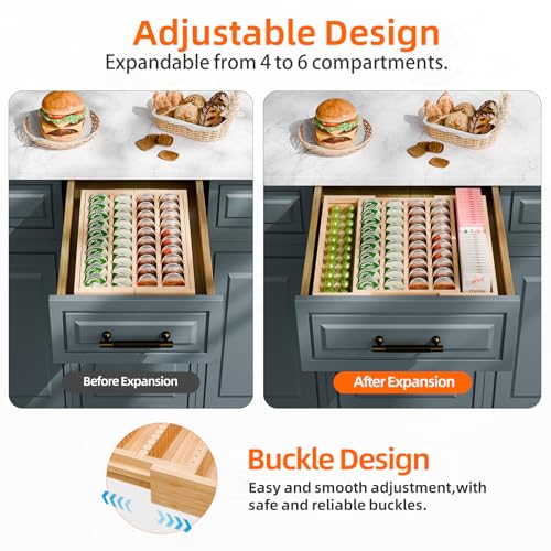 Simple Trending Bamboo Coffee Pod Holder Drawer, Expandable K Cup Pod Storage Compatible with Nespresso Vertuo Capsules, K Cup Drawer Organizer for Coffee Station, Home Office, Kitchen, Natural