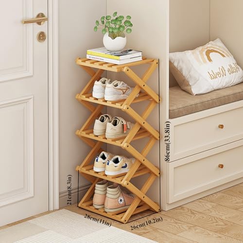 5 Tier Foldable Shoe Rack, Bamboo Vertical Shoe Organizer Tall for Multifunctional Narrow Shoe Shelf for Entryway, Closet, Corner, Bedroom, Hallway(Natural)