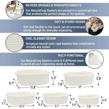 5-Piece Rectangle Storage Basket Set- Natural Cotton Rope Woven for Organizing! Small Basket for Montessori, Baby Nursery, Dog Toy Baskets, Cat Toy Box, Bathroom Organization Bin