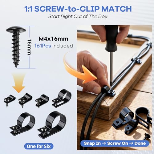 JORREP 322PCS R-Type Cable Clips, 3/16 to 1 in, 6 Sizes for Wire Management | PA66 Nylon, 3/16" 1/4" 3/8" 1/2" 3/4" 1", With screws, For office, garage, yard and auto wire setup, Easy to install