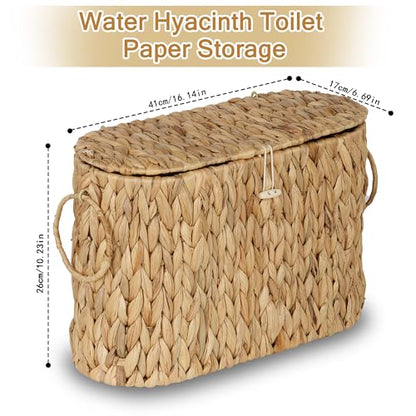 efluky Toilet Paper Storage Basket, Water Hyacinth Slim Toilet Paper Holder with Lid- Holds Up to 9 Mega Rolls, Home Bathroom Decor Organizer