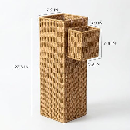 Rattan Umbrella Stand with Drip Tray,Umbrella Holder with Small Basket for Entryway, Tall Wicker Basket for Storage, Woven Organizer for Inoor, Outdoor, Home, Office, Hotel