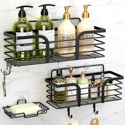 Yougai Shower Organizer with Soap Holder and Hooks for Bathroom (Black) | Rustproof , No Drilling, Wall-Mounted, Kitchen & Home Decor