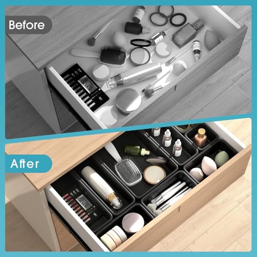 StoreHappily 10 PCS Drawer Organizer Set, 4 Size Makeup Drawer Divider Organizer With Non-Slip Pads, Interlocking Plastic Storage Bins for Office,Jewelry Vanity,Gadgets, Bathroom,Kitchen, Black