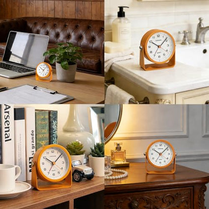 Lamisola 3.5 Inch Bathroom Clock, Small Alarm Clock for Bedroom, Orange | Battery Travel Desk Table Analog Clock for Kids Seniors Teens, Retro Cute Metal Home Decor Shelf Clock, Night Light Snooze