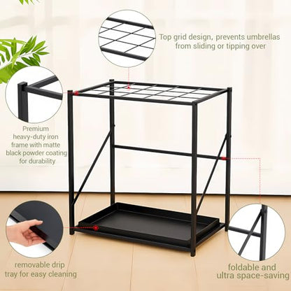 Colingmill Folding Umbrella Storage Stand Rack Holder Organizer Free Standing Umbrella Rack with Removable Drip Tray for Entryway Home Office Hotel Entry Hallway(L18.31 X W11.89 X H19.69 Inch)
