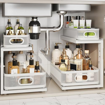 2 Pack Under Sink Organizer With Next-Gen Ball-Bearing Slides,2-Tier Precision Mesh Pull Out Cabinet Drawers Storage for Bathroom&Kitchen,Height Adjustable Shelf,Rust-resistant-Patent Pending