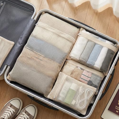 4-Piece 100% Cotton Mesh Laundry Bags, Premium Soft No-Dye Natural Delicate Bags with Sturdy Zippers, Breathable for Underwear, Socks, Clothes & Pants