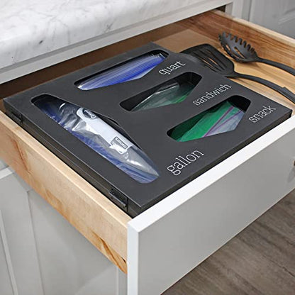 AuldHome Design Enamelware Kitchen Bag Organizer (Black), Farmhouse Style Holder Compatible w/ Zipper Seal Kitchen Storage