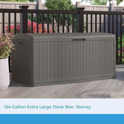 Suncast XL Deck Box, 124 Gal, Resin Wicker, Pad-Lockable Lid, Stoney Gray