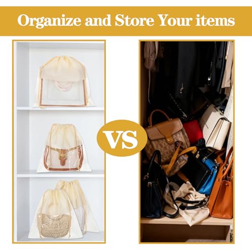 16 Pcs Beige Dustproof Drawstring Bags Purse Dust Storage Bags for Handbags Covers Non Woven Fabric Cloth Pouch String Packing Organizer Shoe Pouch(4 Sizes)