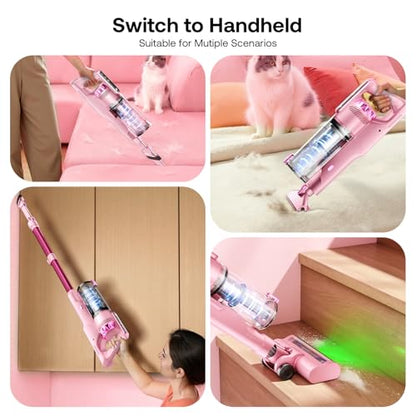 Trucozie Cordless Vacuum Cleaner, Self-Standing Lightweight Stick Vacuum with 50 mins Runtime, Powerful Suction, Anti-Tangle Wireless Vacuum for Home, Hardwood Floor, Carpet, Pet Hair, Pink