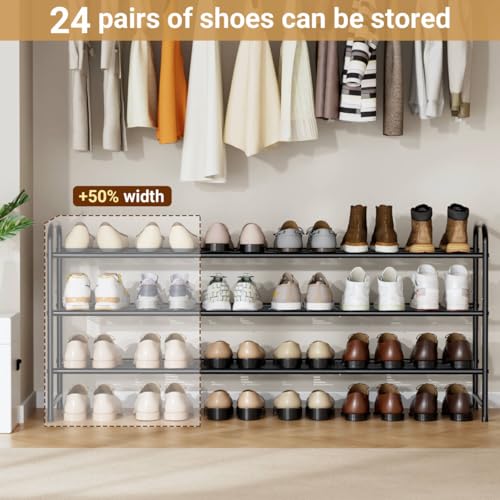 3-Tier Long Shoe Rack for Closet Metal Shoe Organizer for Entryway, Wide Stackable Shoe Storage Shelf with Sturdy Wire Grid for Closet Floor, Bedroom, Black