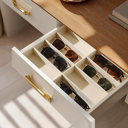 pickpiff Drawer Sunglass Organizer & Display Tray: 1 Pcs 8 Grids Velvet Scratch-Free Eyeglasses Case (13.8x9.4x1.6inch) - Soft Beige Glasses Storage Holder Box for Men & Women