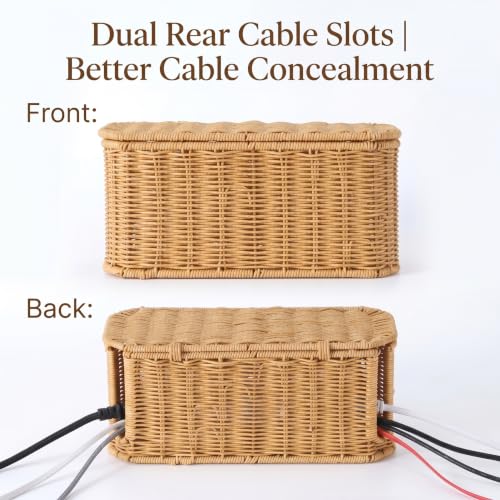 Large Cable Management Box with Lid, Wicker Basket Hides Power Strips, TV Boxes & Routers