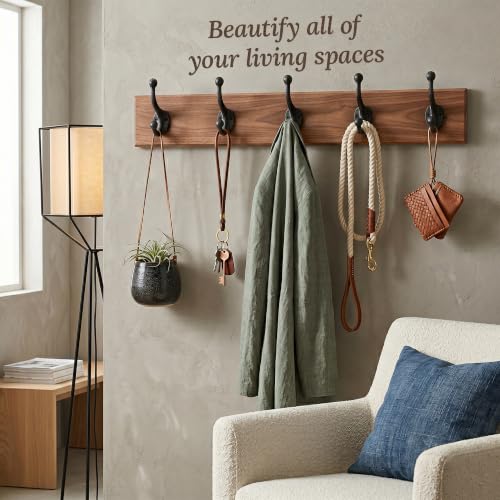 Rustic Cast Iron Coat Hooks (5 Pack) Wall Mounted Farmhouse Decorative Wall Hooks, Vintage Hooks for Hanging Coats, Bags, Hats, Towels (Antique Black, Includes Hardware)