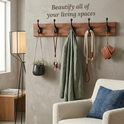Rustic Cast Iron Coat Hooks (5 Pack) Wall Mounted Farmhouse Decorative Wall Hooks, Vintage Hooks for Hanging Coats, Bags, Hats, Towels (Antique Black, Includes Hardware)
