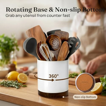 Ceramic Rotating Utensil Holder for Countertop Kitchen Organizer White | 7.2'' 360° Stable Large Utensil Crock Cooking Utensils for Kitchen Counter, No-Slip, Modern Farmhouse Decor, Christmas Gift
