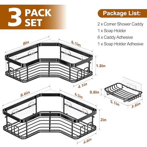 MAXIFFE 3 Pack Corner Shower Caddy with Soap Holder, Large Capacity Sturdy Easy Install No Drilling Stainless Steel Hold 40 LBS Shower Organizer Shelves Rack Storage for Family Renters Bathroom, Black