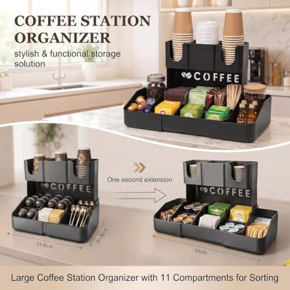 Expandable 2 Tier Coffee Station Organizer, Coffee Bar Organizer with 11 Compartments & Cup Holder Rack, Coffee Pod Holder for K Cups, Tea Bags, Sugar Packets, Countertop Coffee Accessories Storage