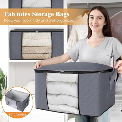 6 Pack Storage Bags for Clothes Blanket Storage Bins with Lids | Foldable Closet Organizers with Zippers,Window and Handles,Fabric Storage Bins for Sweater,Comforter,Bedding,Dorm essentials