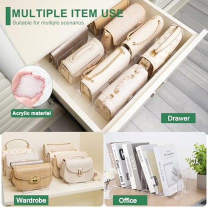 2 Pack Acrylic Purse Organizer for Closet, 8-Slot Bag & Purse Organizer, No Assembly, Clear Handbag Storage Shelf .for Shelf Divider Handbags, Clothes, Sweater