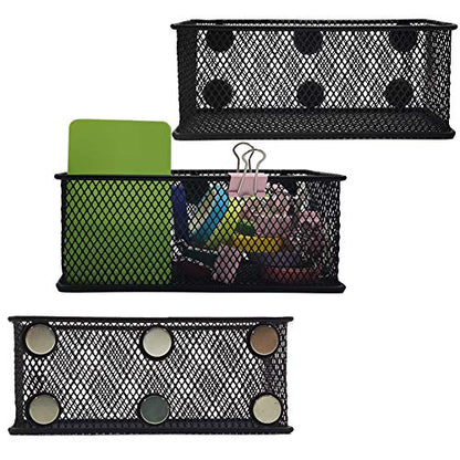 Magnetic Pencil Holder Set of 3 - Black Wire Mesh Storage Baskets Organizer with Strong Magnets - Perfect for Whiteboard, Refrigerator and Locker Accessories
