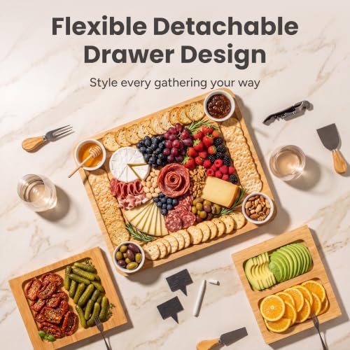 SMIRLY Charcuterie Boards Set, Large Cheese Board Set, Bamboo | House Warming Gift, Wedding Gift for Couple, Bridal Shower Gift, Cheese Board Gift Set, Detachable Drawer Design, 3-Drawer