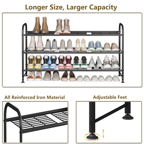 LINZINAR 3 Tier Long Shoe Rack for Closet Metal Shoe Organizer for Entryway | Spacious design stores 20+ pairs of shoes,durable metal frame,space-saving organizer for closet, hallway, and Entryway Black
