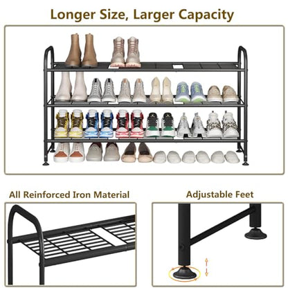 LINZINAR 3 Tier Long Shoe Rack for Closet Metal Shoe Organizer for Entryway | Spacious design stores 20+ pairs of shoes,durable metal frame,space-saving organizer for closet, hallway, and Entryway Black