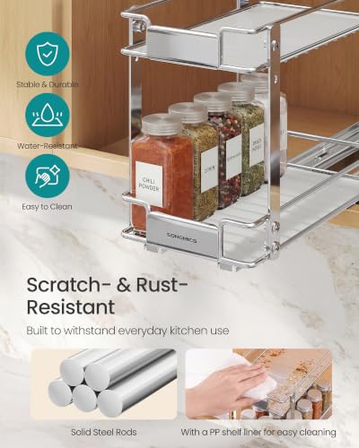 SONGMICS 2 Tier Pull Out Spice Rack for inside Cabinets, Steel | Spice Organizer, Slide Out Cabinet Organizer, for Kitchen Cabinet Storage, Silver UKCS117E101