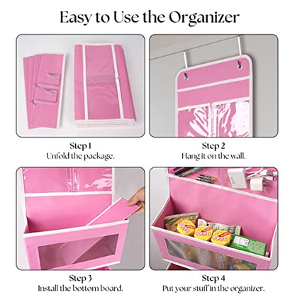 Giraffe Creation Pink Over Door Organizer with 4 Large Clear Pockets, Hanging Door Storage for Nursery, Bedroom, Bathroom, Closet, Toys, Diapers, Cosmetics, Baby Essentials