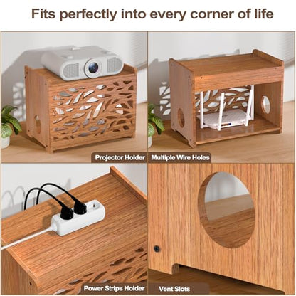 Router Box Hider & Projector Shelf -Decorative WiFi Router Storage Cabinet | Ventilation Cable Management Box Modem & Power Strip Hider Rack Leaf Pattern Cutout, Fits Routers Up to 9.84" Tall (Brown)
