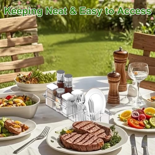 Chivalral Clear Acrylic Utensil Caddy, 4 Compartment Silverware Holder | With drainage holes & silicone anti-slip pads,Portable magnetic rotating handle for Kitchen, picnic, party ,Buffet,Camping