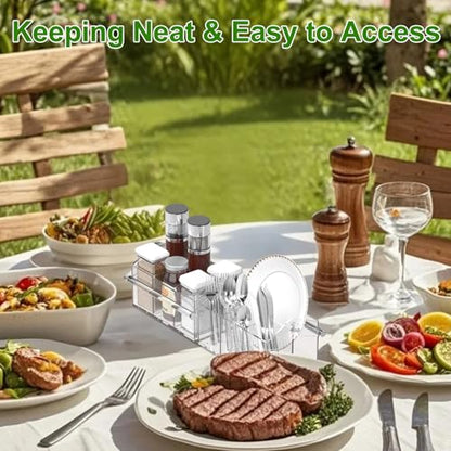 Chivalral Clear Acrylic Utensil Caddy, 4 Compartment Silverware Holder | With drainage holes & silicone anti-slip pads,Portable magnetic rotating handle for Kitchen, picnic, party ,Buffet,Camping