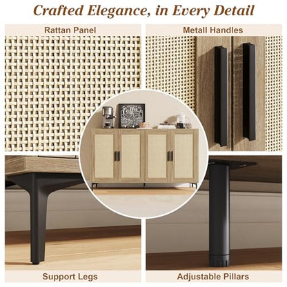 JASIWAY Buffet Cabinet with Storage, 48" Rattan Coffee Bar Cabinet Station | Accent Sideboard with Adjustable Shelves, Credenza for Dining Room, Kitchen, Living Room, Entryway, Anti-Tip, Wood