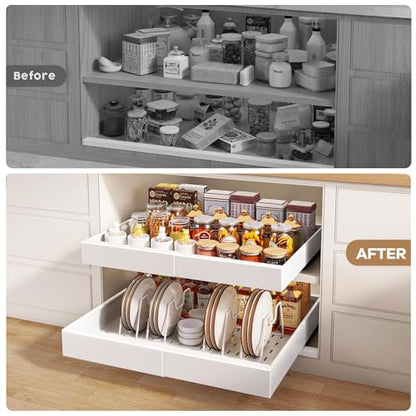 2Pack Pull out Cabinet Organizer 21"Deep with 4 Adjustable Dividers,Expandable（12.1"-20.4"W） Pots and Pans Organizer Under Cabinet with Raising Pad for Framed Cabinets,Slide out Drawers,White