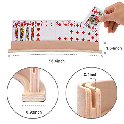 Wood Curved Playing Card Holder Racks Tray Set of 4 for Kids Seniors Adults - 13.4inch with Widen Base Stable Enough for for Bridge Canasta Foot and Hand