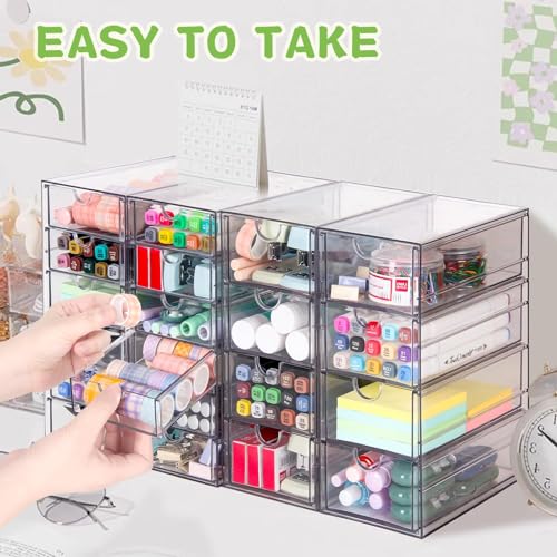 VZKAH Clear Acrylic Desk Organizer with 20 Drawers, 4 Modular Units | 4-piece clear drawer set for office supplies, crafts, makeup, and small daily items on desks, vanities, counters
