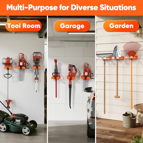 POKIPO Weedeater Hanger, 2 Pack Garage Organize Grass String Trimmer Rack, Heavy Duty Metal Weed Eater Holder Wall Mount Save Space, Garden Tool Storage Rack Loads 25lbs, Weed Wacker Hooks for Garage