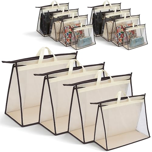 12 Pack Beige Handbag Purse Storage Organizer for Closet, 4 Sizes Clear Hanging Dust Bags Cover with Zipper and Handle, Closet Purse Protector Bags