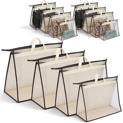 12 Pack Beige Handbag Purse Storage Organizer for Closet, 4 Sizes Clear Hanging Dust Bags Cover with Zipper and Handle, Closet Purse Protector Bags
