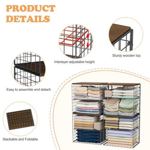 Huxitocan 4-Tier Stackable Closet Organizers and Storage Shelves, Closet Storage Basket with Wood Tops, Adjustable Height Dividers Closet Storage Bins for Home Closet Organizer System, Black