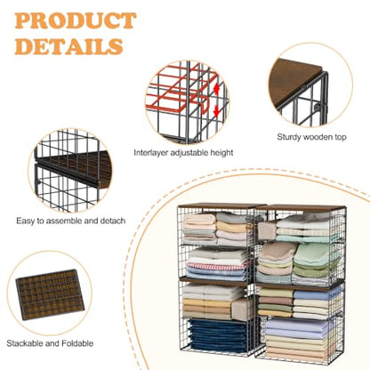 Huxitocan 4-Tier Stackable Closet Organizers and Storage Shelves, Closet Storage Basket with Wood Tops, Adjustable Height Dividers Closet Storage Bins for Home Closet Organizer System, Black