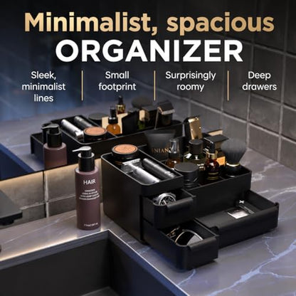 Men's Cologne Organizer with Drawers: Black Men Bathroom Counter Organizer, Dresser Organizer for Shaving Kit, Skincare, Gifts for Men